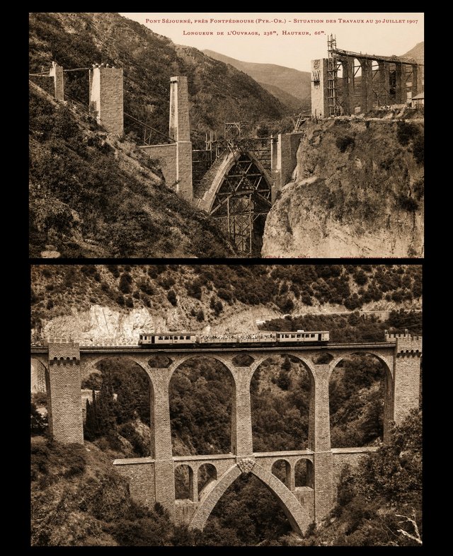 Le pont Séjourné du Train Jaune : chantier en 1907 puis le pont achevé avec le train