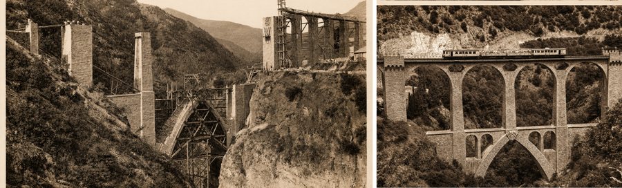 Le pont Séjourné du Train Jaune : chantier en 1907 puis le pont achevé avec le train